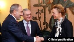 Germany -- Council of Europe Secretary General Marija Pejcinovic Buric and Armenian Prime Minister Nikol Pashinian meet in Munich, February 15, 2020.
