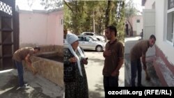 A Tajik man in Dushanbe doing menial labor as a penalty for being caught making lewd comments to women.