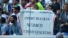 Fans hold a banner supporting Iranian women at a World Cup match in St. Petersburg on June 15.