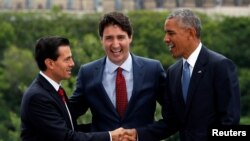 Барак Обама, Джастин Трюдо и Энрике Пенья Ньето. Оттава, Канада, 29 июня 2016 года