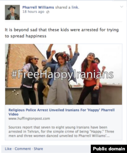 ابراز تاسف فرل ویلیامز از دستگیری رقصندگان «هپی» ایرانی در صفحه فیسبوکش