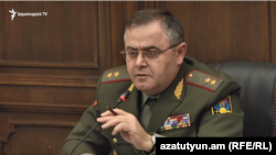 Armenia -- Lieutenant General Artak Davtian, the chief of Armenian army's General Staff, speaks at a news conference in parliament, Yerevan, February 18, 2020.