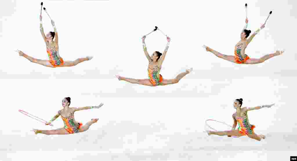Team Israel performs during the group all-around qualification round in rhythmic gymnastics.&nbsp;