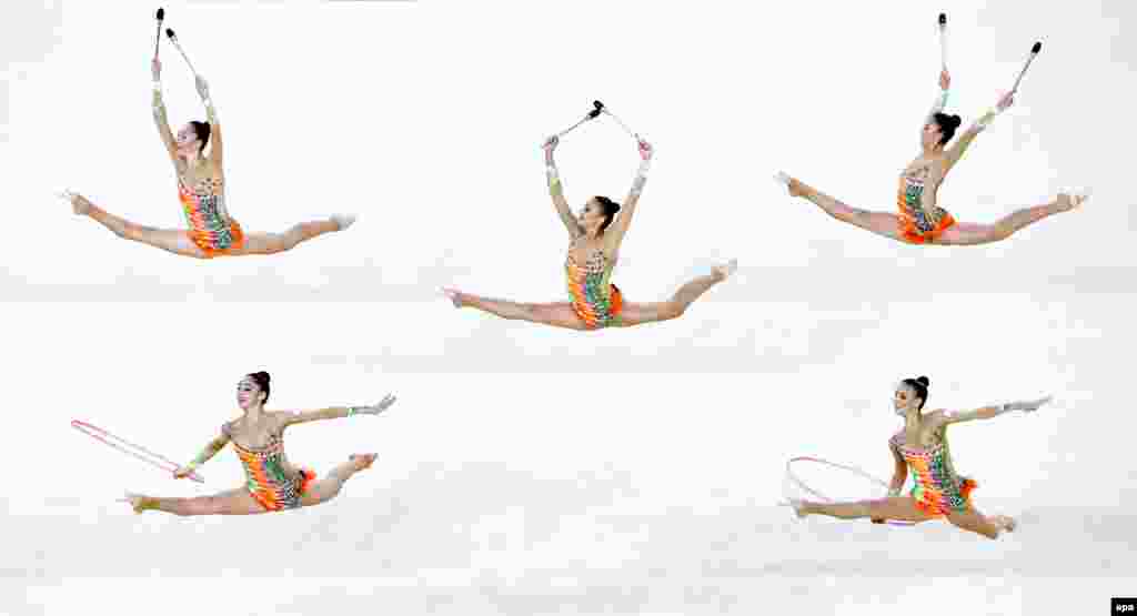 Team Israel performs during the group all-around qualification round in rhythmic gymnastics. 