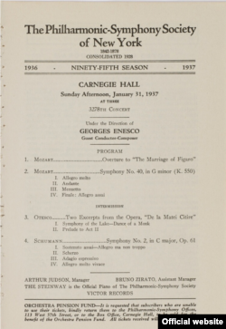 Prima pagină a Programului concertului dat de Enescu în 1937