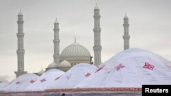 Yurts in front of the Khazret Sultan mosque during the Norouz celebration in Astana.