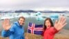 Iceland - Icelandic flag - tourists on Jokulsarlon, Iceland on travel. 