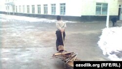 Uzbekistan - school boy is pushing scrap-metal to the school in Samarkand region