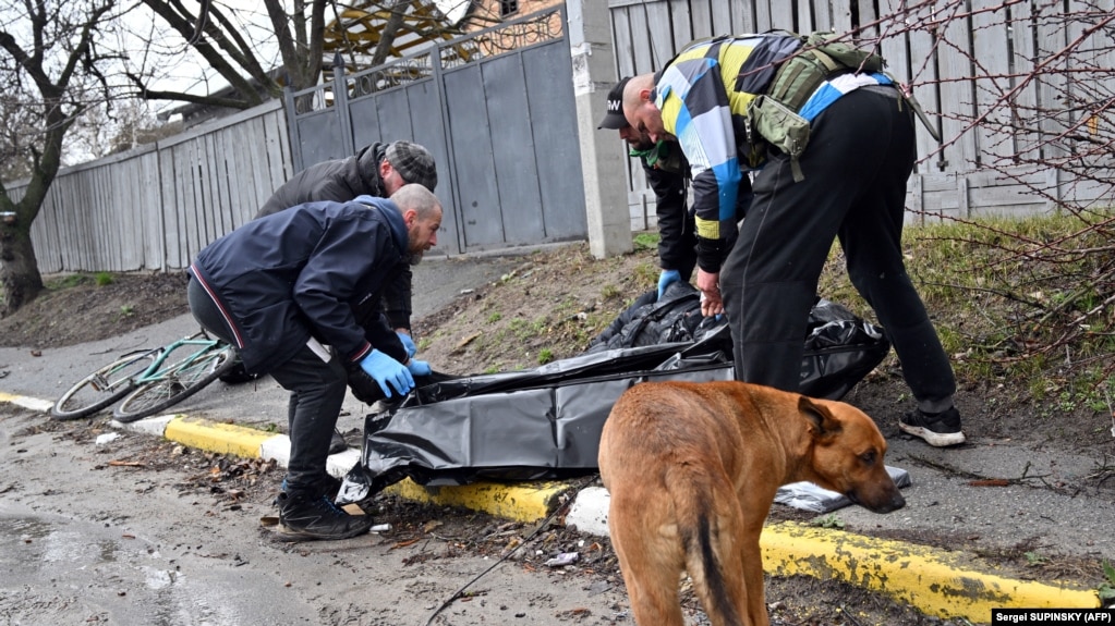 Bucha is a crime scene: a corpse is placed in a body bag for removal from the street in Bucha on April 3.
