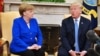 U.S. President Donald Trump and Germany's Chancellor Angela Merkel take part in a bilateral meeting in the Oval Office of the White House in Washington, April 27, 2018