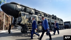 A Russian Topol intercontinental ballistic missile (ICBM) on exhibition