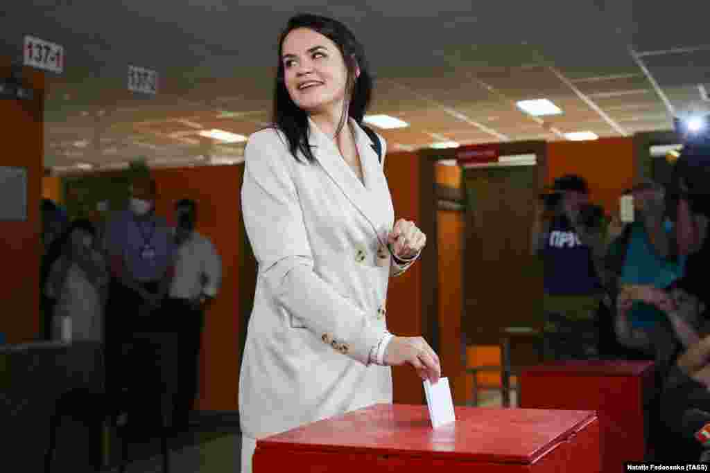 Presidential candidate Svyatlana Tsikhanouskaya votes in Minsk.