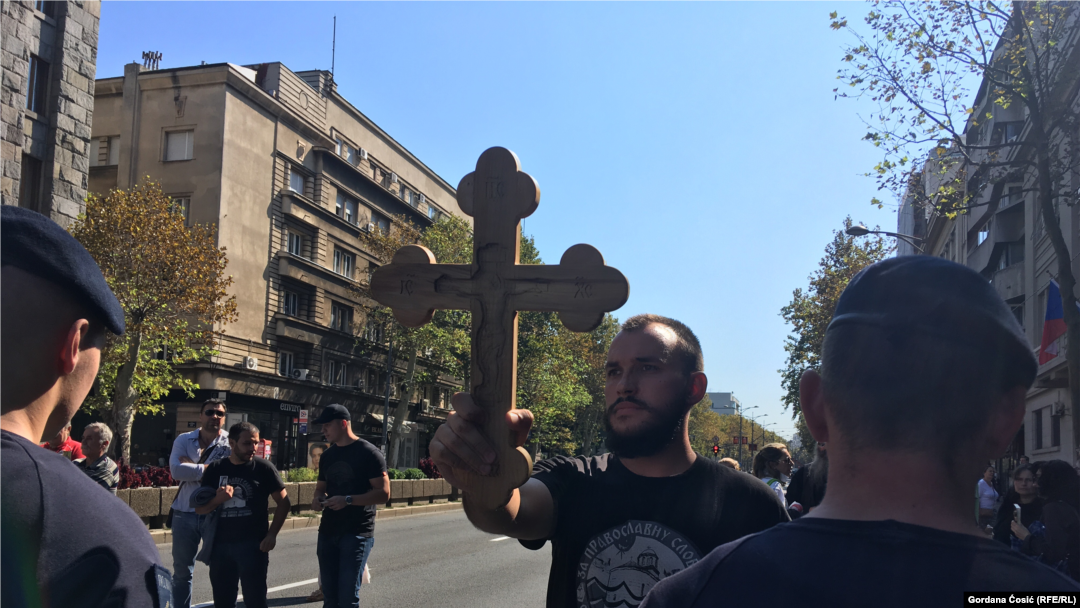 Protesters against the Belgrade Pride parade were stopped by police on September 16.