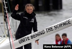 Greta Thunberg, la sosirea la New York, la bordul unui iaht fără emisie de carbon, 28 august 2019