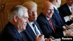 U.S. Secretary of State Rex Tillerson, President Donald Trump and National security adviser H.R. McMaster