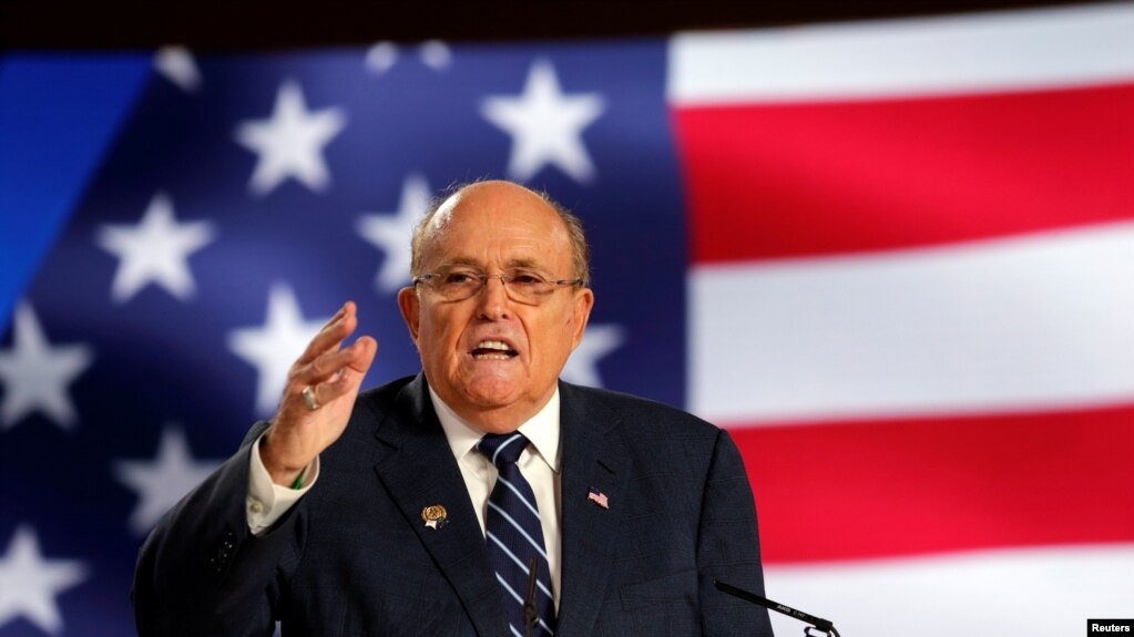 Rudy Giuliani, former Mayor of New York City, speaks at an event in Ashraf-3 camp, which is a base for the People's Mojahedin Organization of Iran (MEK) in Manza, Albania, July 13, 2019.REUTERS/Florion Goga