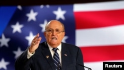 Rudy Giuliani, former Mayor of New York City, speaks at an event in Ashraf-3 camp, which is a base for the People's Mojahedin Organization of Iran (MEK) in Manza, Albania, July 13, 2019.REUTERS/Florion Goga