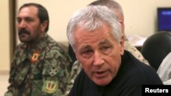 U.S. Defense Secretary Chuck Hagel met with Afghan military leaders in Kandahar on December 8.