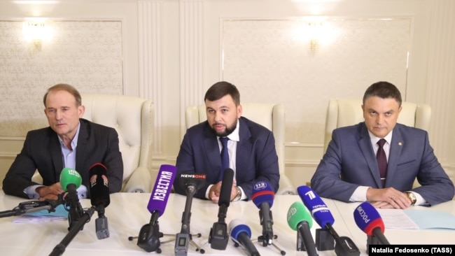 Виктор Медведчук в Минске с лидерами сепаратистов Донбасса, 27 июня 2018 года