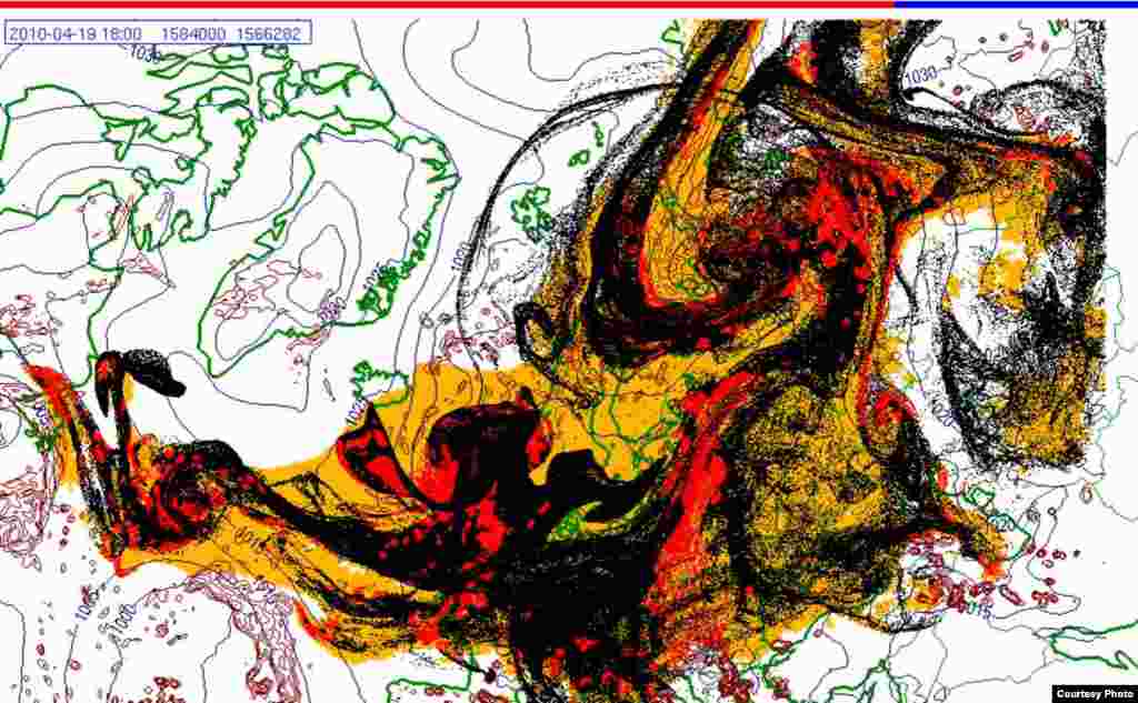 Проектирано движење на исландскиот облак од пепел(19.4. 1800 UTC) - Овие слики покажуваат проекција на движењето на облаците пепел од вулканска ерупција на Исланд низ Европа. Боите на сајтот претставуваат: жолто: пепел што ќе падне сам по себе црвено: пепел што ќе падне од врнежи црна: вистинскиот облак со пепел облак Извор: Норвешки Метеоролошки Институт