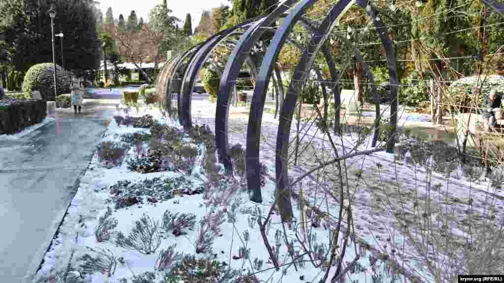 Чуть дальше от моря, в сквере имени Калинина, царит настоящая зима: земля и растения надежно укрыты снегом