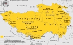 Тибеттин жана анын чар тарабындагы чөлкөмдөрдүн картасы.