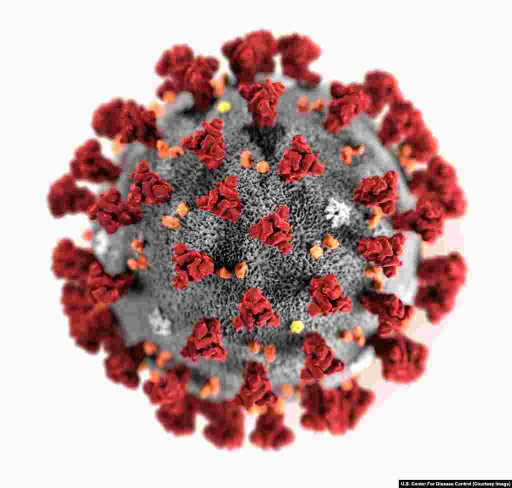 O animație pe calculator a noului coronavirus, care produce boala COVID-19. Aspectul de coroană îi este dat de țepii de pe suprafața sa.&nbsp;