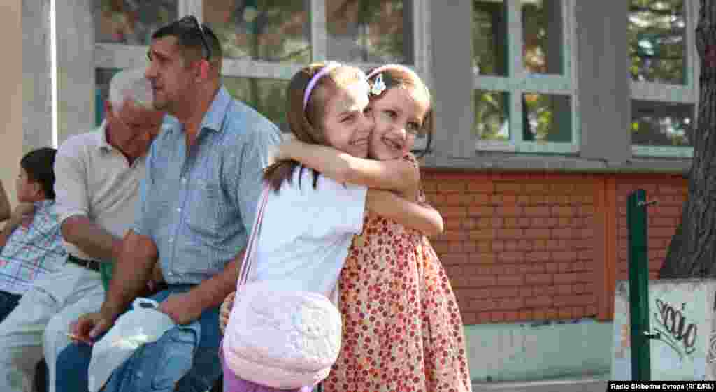 School mates in front of the Vlado Tasevski primary school in Skopje