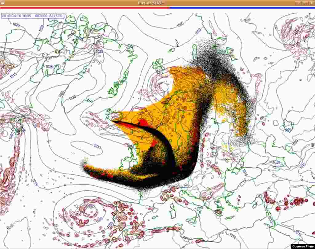 Projected spread of Icelandic ash cloud (16.4. 1600 UTC) - These images show a projection of the movement of the ash clouds from the Iceland volcanic eruption moving over Europe. The colors on the map represent: yellow: ash that has fallen by itself red: ash that has fallen by precipitation black: the actual ash cloud Source: Norwegian Meteorological Institute