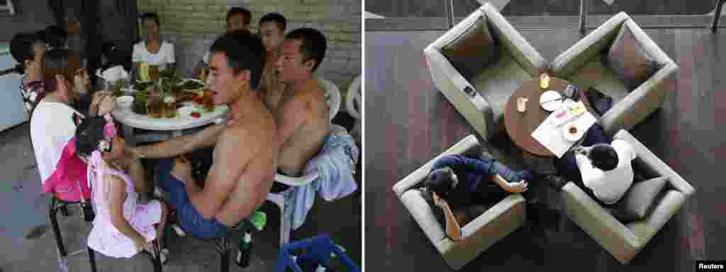 A combination photograph shows families having dinner at a restaurant in a residential area for migrant workers in Beijing, and men drinking coffee at a restaurant in a five-star hotel. 