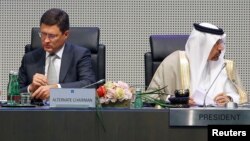 Russia's Energy Minister Aleksandr Novak (left) and Saudi Arabia's Energy Minister and OPEC conference President Khalid al-Falih in Vienna on May 25