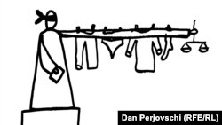 Ilustrație care reprezintă Justiția din România, conform artistului Dan Perjovschi.