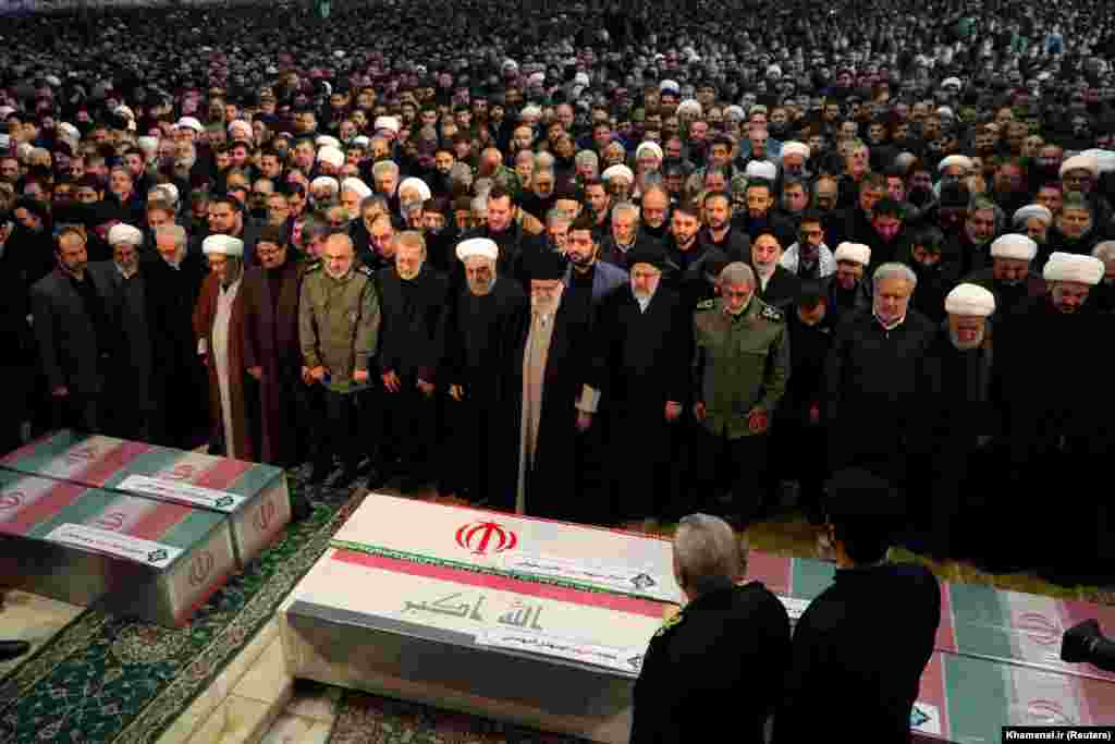 Iranian Supreme Leader Ayatollah Ali Khamenei and President Hassan Rohani prayed near the coffins of Iranian General Qasem Soleimani and Iraqi militia commander Abu Mahdi al-Muhandis, who was also killed in the January 3 U.S. drone strike.