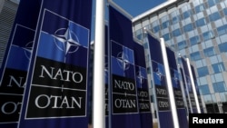  NATO logo at the entrance of new NATO headquarters