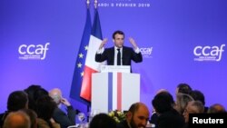 France/Armenia - French President Emmanuel Macron speaks during the Co-ordination Council of Armenian Organisations of France (CCAF) annual dinner in Paris, 05Feb, 2019