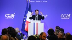 France -- French President Emmanuel Macron speaks during the Coordination Council of Armenian Organisations of France (CCAF) annual dinner in Paris, February 5, 2019.