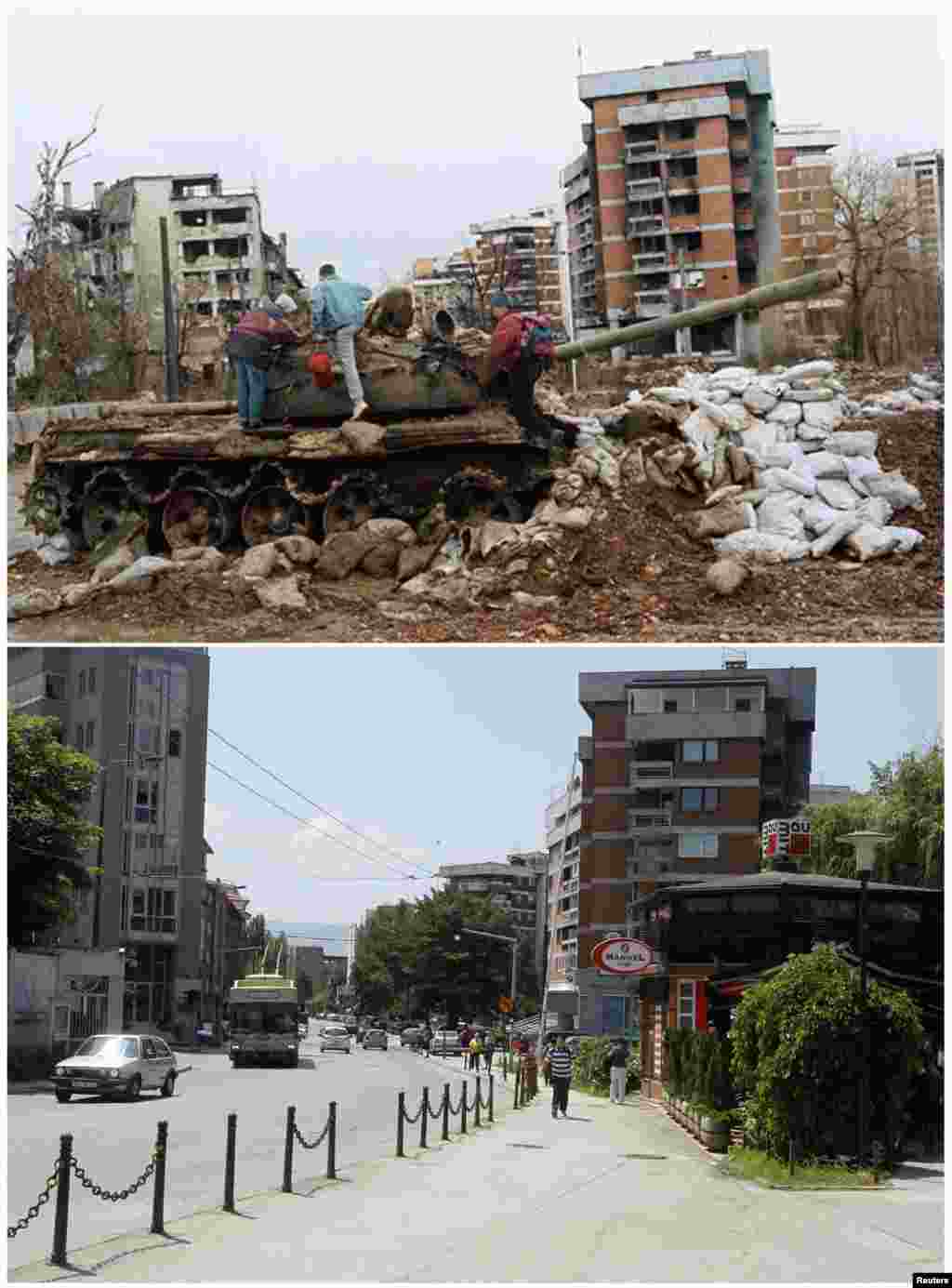 People climb on an abandoned tank standing at a crossroads in front of a ruined building in the Kovacici district in Sarajevo in February 1996. People walk along the same road on May 30, 2011.