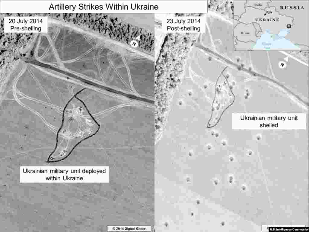 Artillery Strikes Within Ukraine #2. Information from the U.S. Director of National Intelligence: This is a before and after close-up of the artillery strike depicted in the lower portion of the inset in the previous graphic.