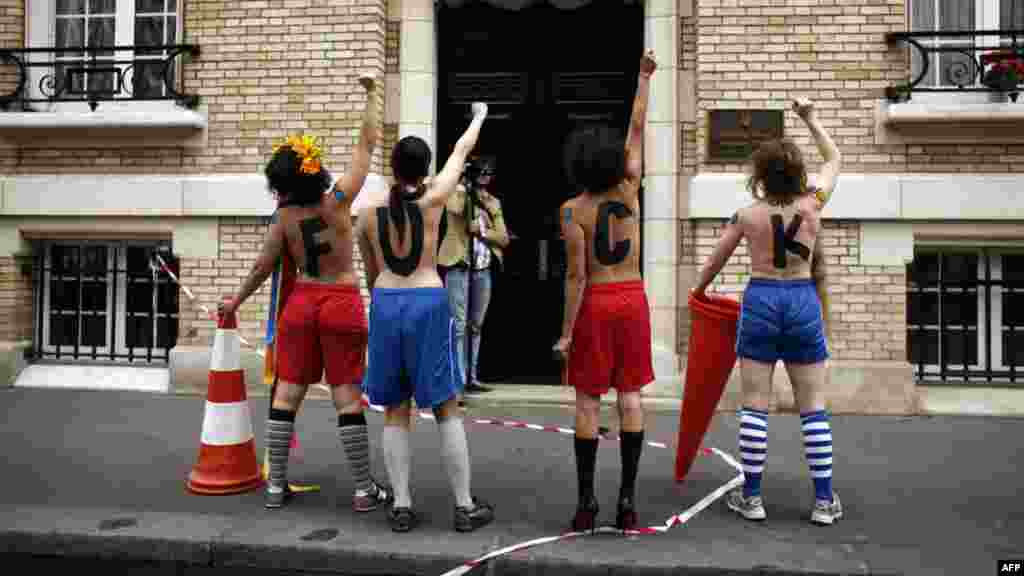 France -- French members of Ukrainian feminist group Femen protest against prostitution during the Euro 2012 football championships in front of the Ukrainian Embassy in Paris, 01Jun2012