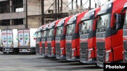 Armenia - Heavy trucks belonging to the Spayka company are parked in Yerevan, April 19, 2017.