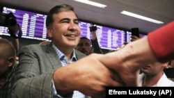 Mikheil Saakashvili greets his supporters upon his arrival at Boryspil airport outside Kyiv on May 29.