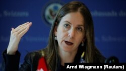 U.S. Treasury Under Secretary for Terrorism and Financial Intelligence Sigal Mandelker addresses a press roundtable at the U.S. embassy in Bern, September 10, 2019