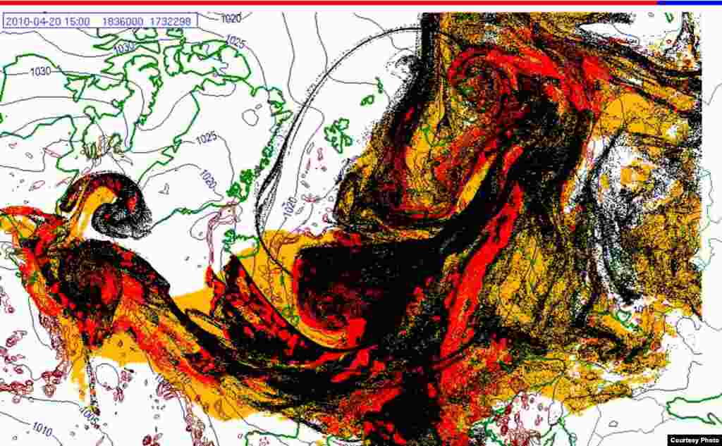 Проектирано движење на исландскиот облак од пепел (20.4. 1500 UTC) - Овие слики покажуваат проекција на движењето на облаците пепел од вулканска ерупција на Исланд низ Европа. Боите на сајтот претставуваат: жолто: пепел што ќе падне сам по себе црвено: пепел што ќе падне од врнежи црна: вистинскиот облак со пепел облак Извор: Норвешки Метеоролошки Институт