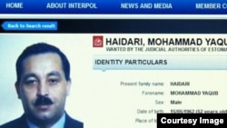 The Interpol "wanted" listing for Mohammad Yaqub Haidari, a nominee for agriculture minister in the new Afghan cabinet