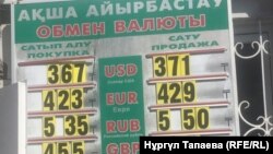 Алматыдағы ақша айырбастау пунктерінің біріндегі валюта бағамдары. 5 қыркүйек 2018 жыл. 