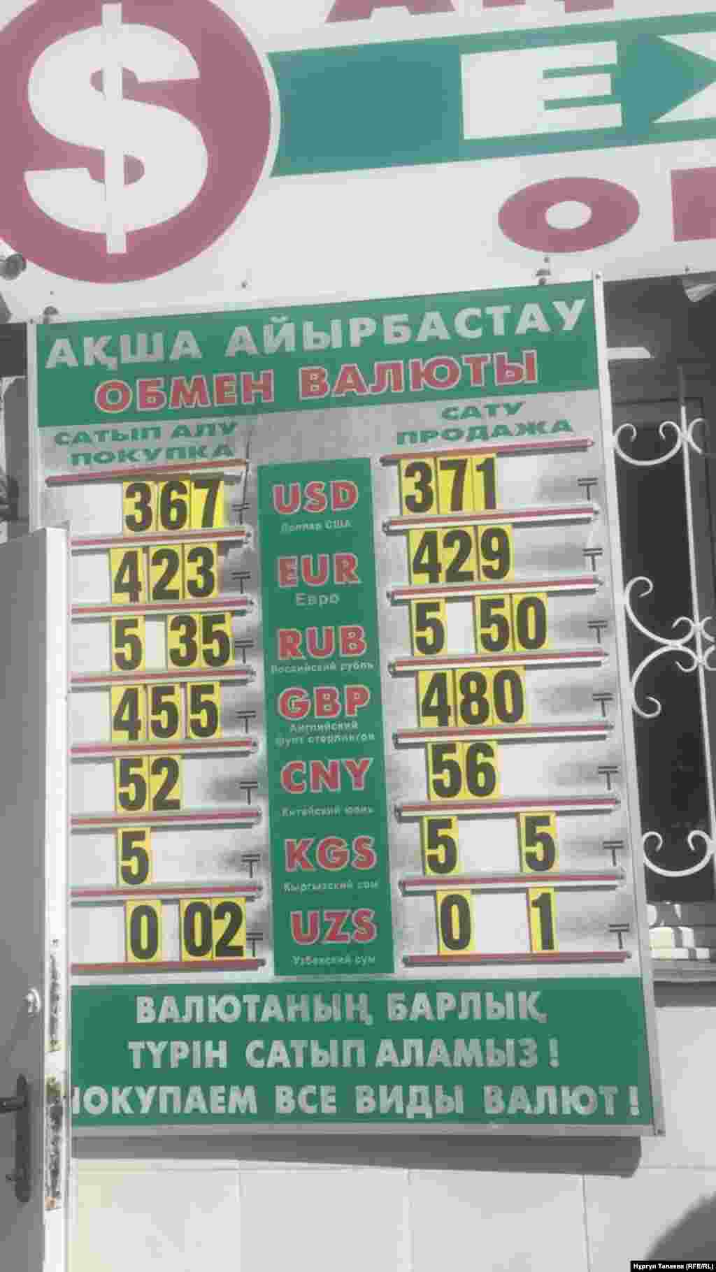 2018 жылы жазда теңге тағы да біртіндеп құнсызданды. Ақша айырбастау орындарында оның 1 АҚШ долларына шаққандағы бағамы 378 теңгеге жетті. Суретте: 2018 жылғы 5 қыркүйектегі Алматыдағы валюта бағамы.