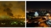 Слева: Дым над президентским дворцом в Багдаде во время авиаударов коалиции 21 марта 2003 года Справа: Ночной вид площади Фирдоус с крыши гостиницы &quot;Палестина&quot; 9 февраля 2013 года 