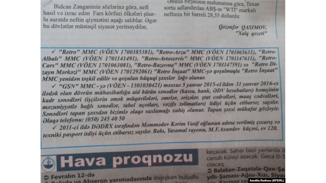 Retro MMC haqqında "Xalq" qəzetində çap olunan elan