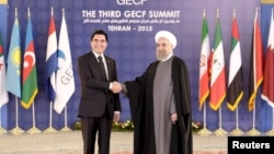 Relations between Ashgabat and Tehran have soured somewhat since this picture was taken of Iranian President Hassan Rohani (right) shaking hands with his Turkmen counterpart Gurbanguly Berdymukhammedov during the Gas Exporting Countries Forum (GECF) in the Iranian capital in November 2015. 