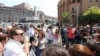 Armenia - Argishti Kivirian (L) addresses fellow activists demonstrating outside the Armenian police headquarters in Yerevan, 27Aug2013.